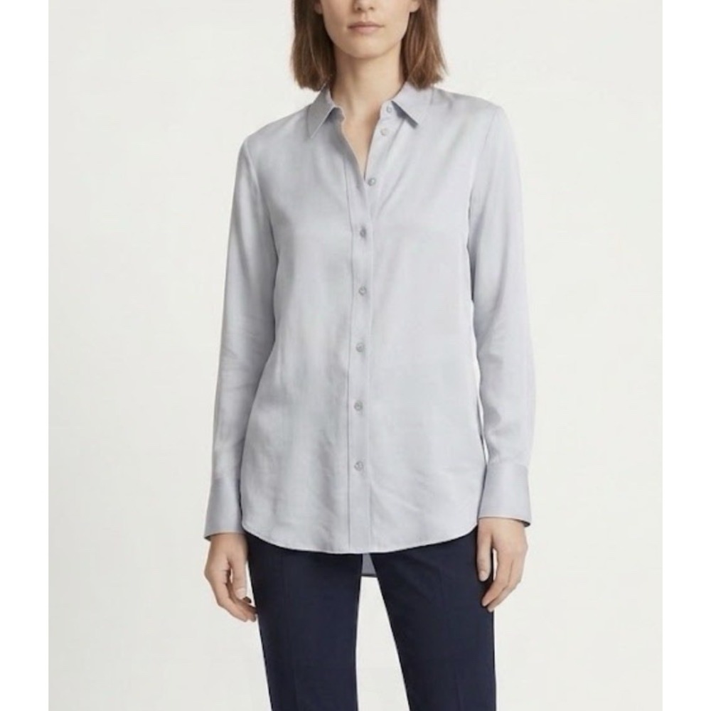 Vince Womens Silk Blend Button Front Blouse Sz M Blue Long Sleeve